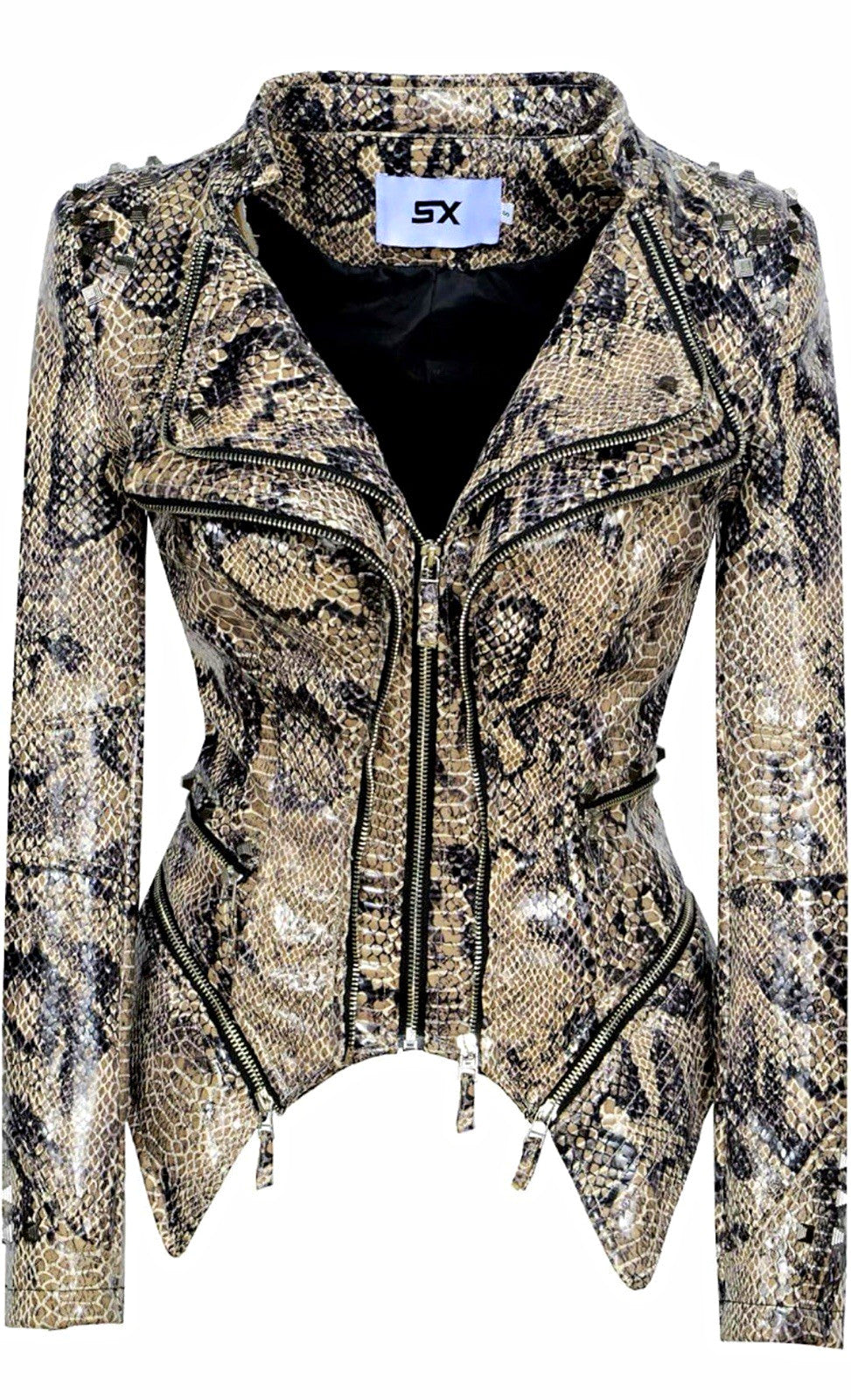 Women’s Snakeskin Faux Leather Moto Jacket – Fitted Studded Biker Jacket