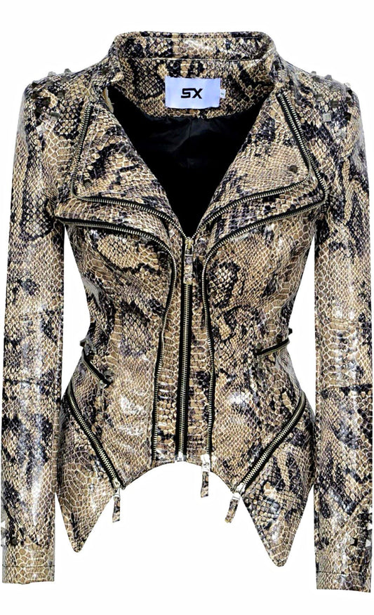 Women’s Snakeskin Faux Leather Moto Jacket – Fitted Studded Biker Jacket