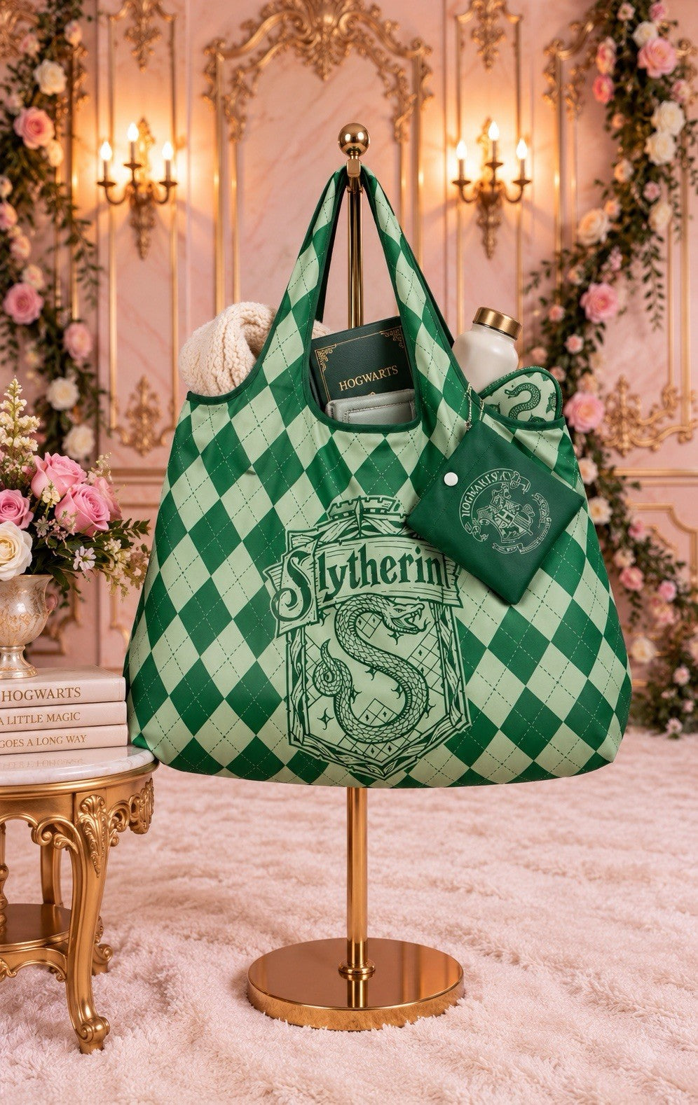Harry Potter Slytherin Argyle Foldable Tote Bag with Matching Pouch – Green