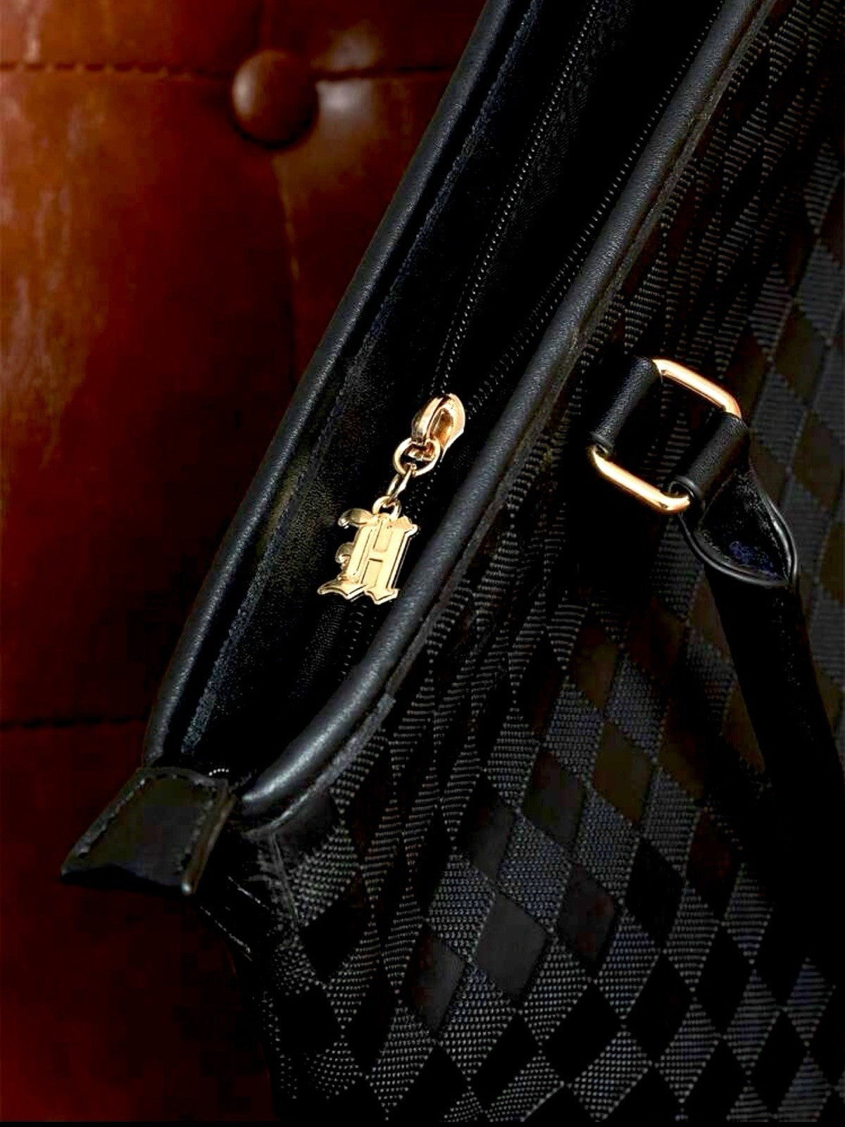 Hogwarts Harry Potter Black Checkered Tote Bag with Gold Crest & H Charm