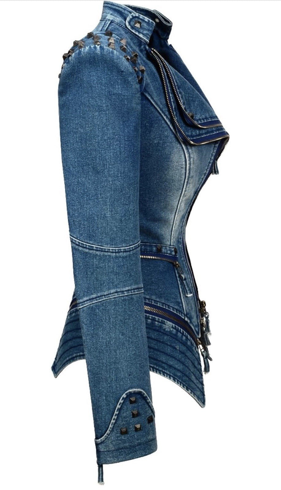 Women’s Studded Denim Moto Jacket – Fitted Double-Zip Y2K Biker Jacket
