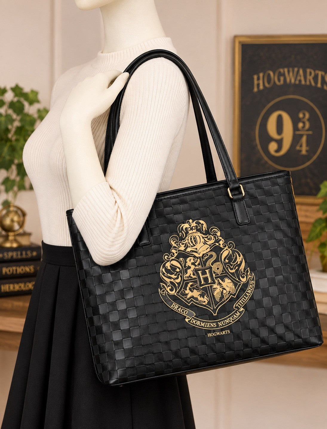 Hogwarts Harry Potter Black Checkered Tote Bag with Gold Crest & H Charm