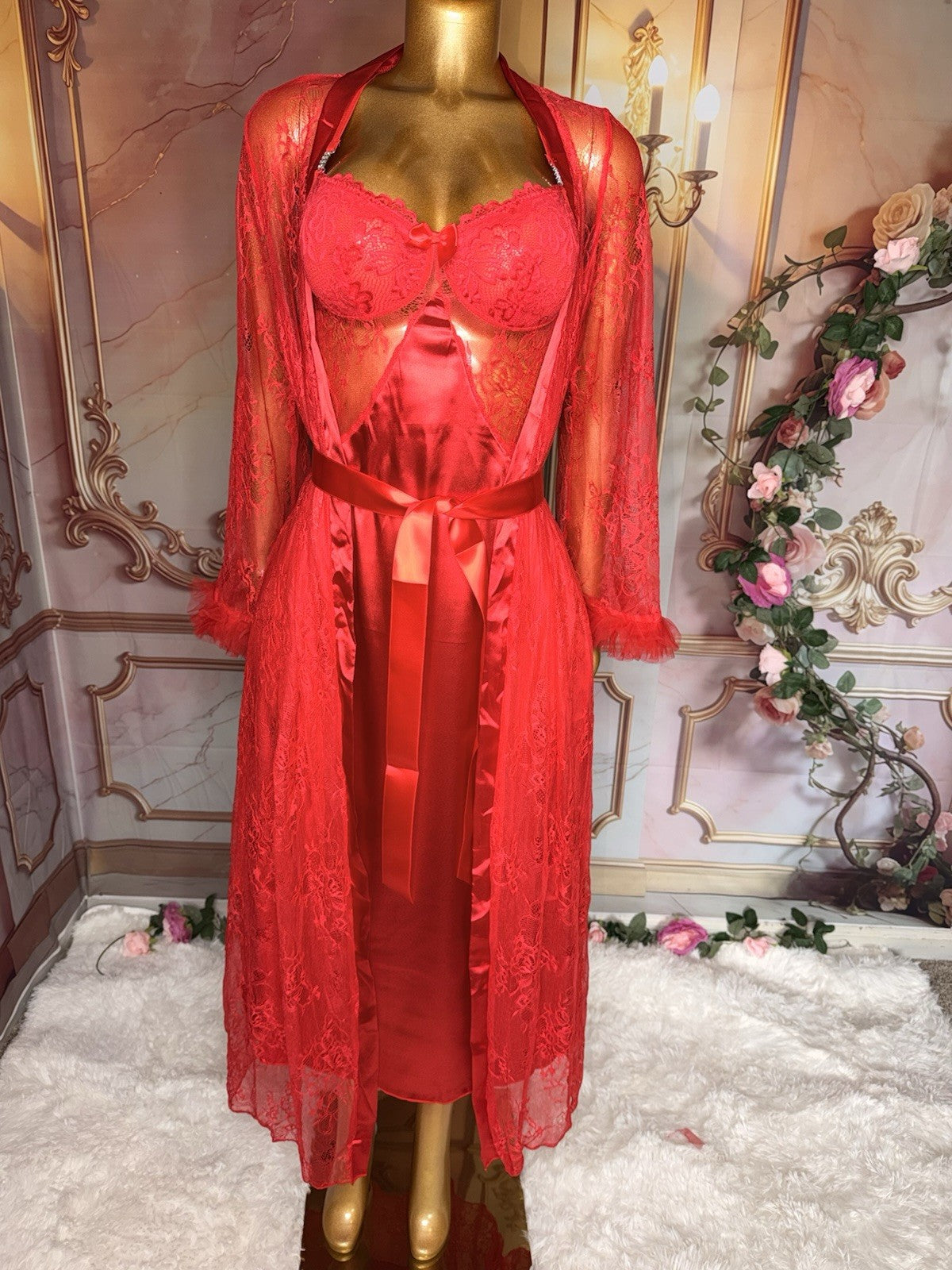 Romantic Red Satin Gown & Lace Robe Lingerie Set – Size M
