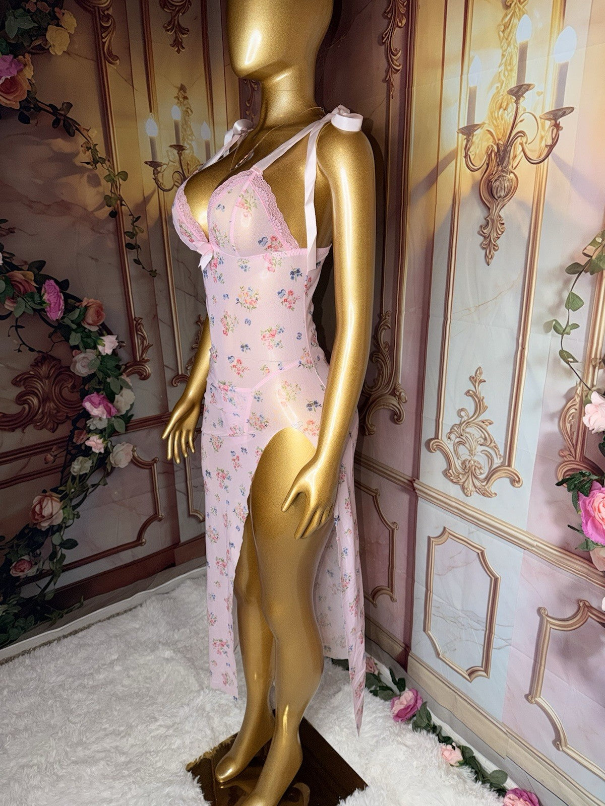 Blush Romance Floral Sheer Lace Gown & Matching Thong Set