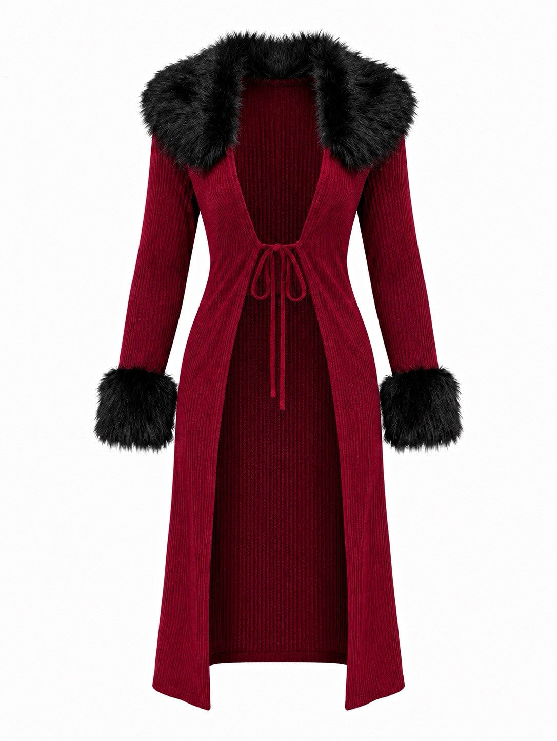 (M)Burgundy Red & Black Faux Fur Trim Long Cardigan – Y2K Tie-Front Duster