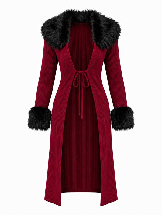 (M)Burgundy Red & Black Faux Fur Trim Long Cardigan – Y2K Tie-Front Duster