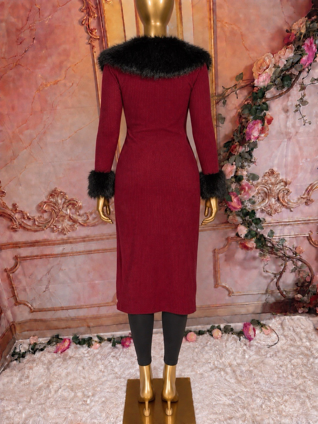 (M)Burgundy Red & Black Faux Fur Trim Long Cardigan – Y2K Tie-Front Duster