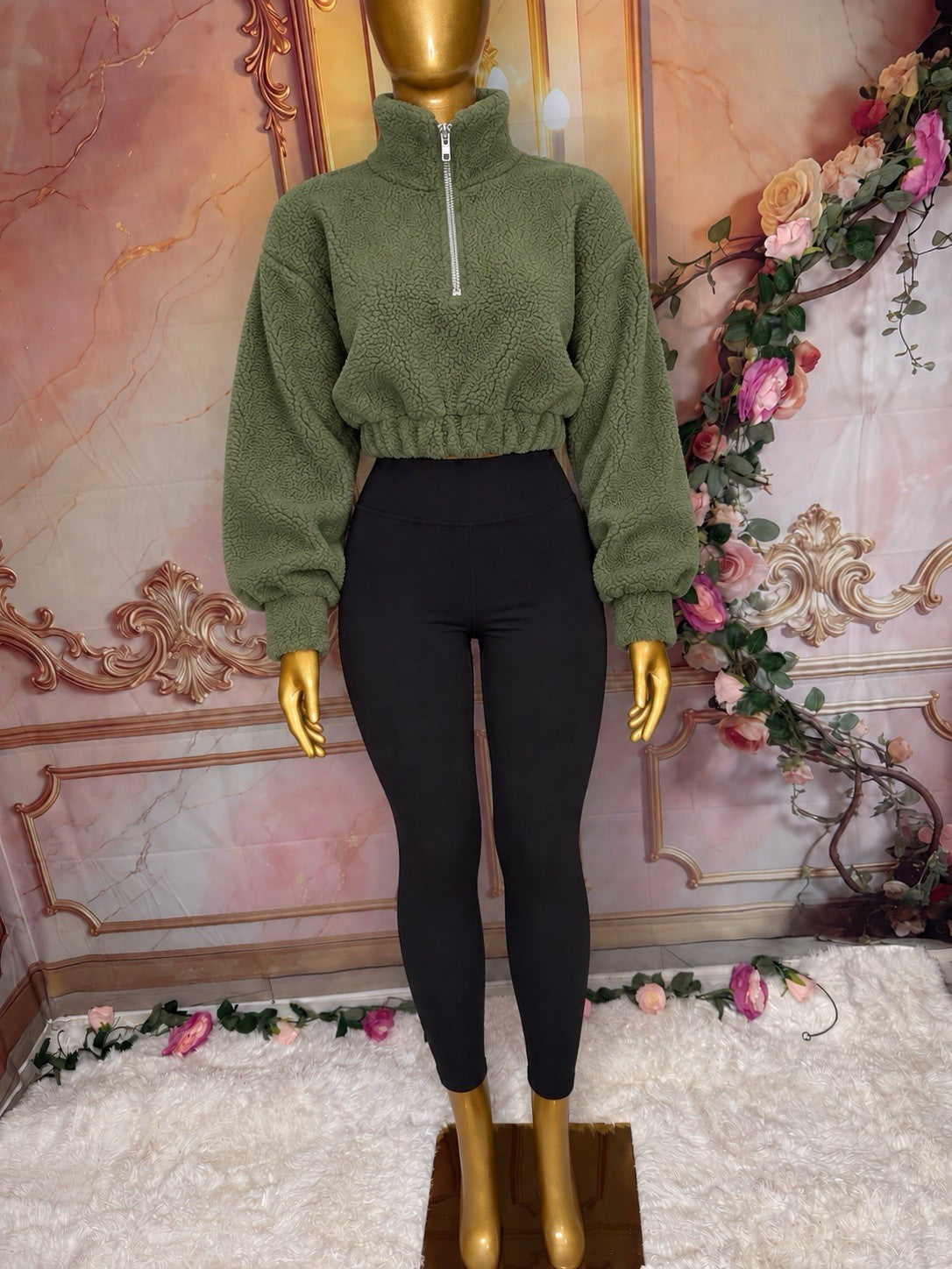 (XL) Comfy Army Green Teddy Fleece Cropped Half-Zip Pullover – Cozy Chic