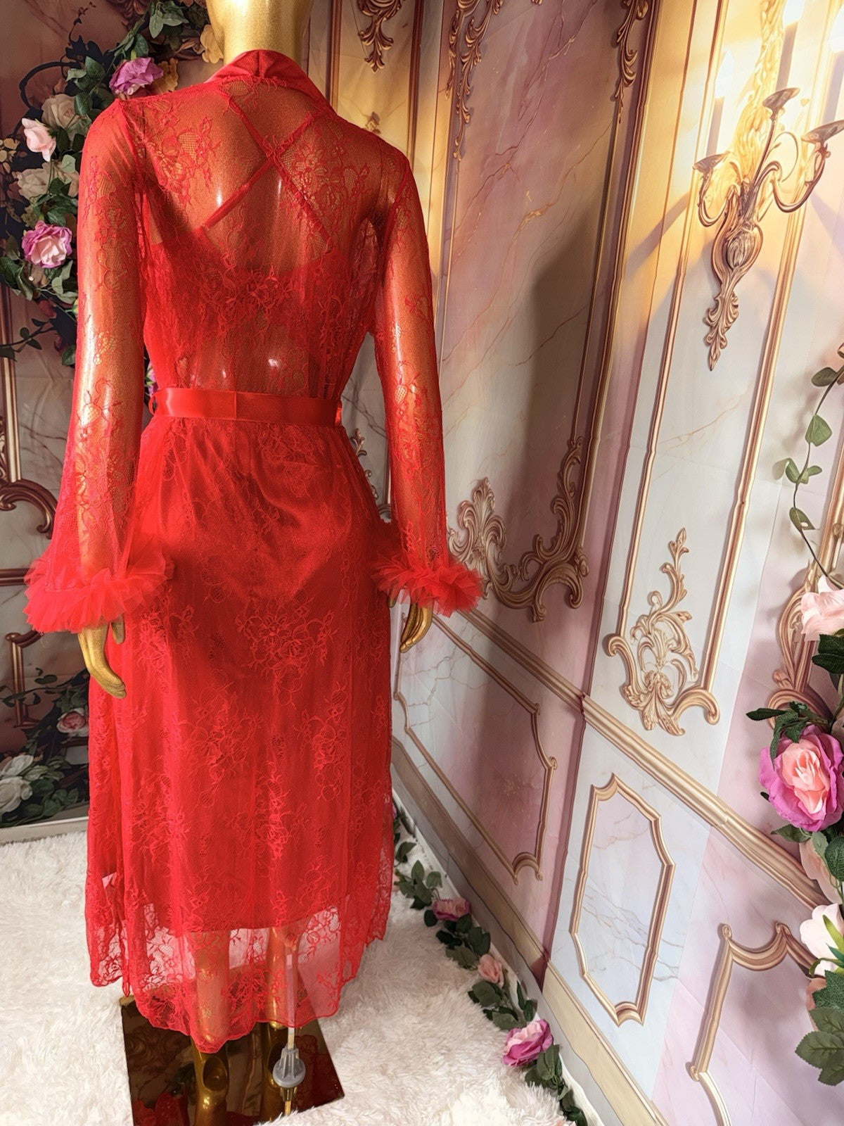 Romantic Red Satin Gown & Lace Robe Lingerie Set – Size M