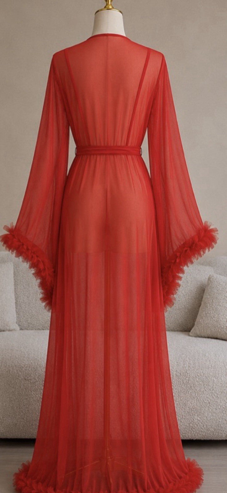 Women’s Red Sheer Mesh Feather Trim Tie Belt Kimono Robe Long Sleeve M