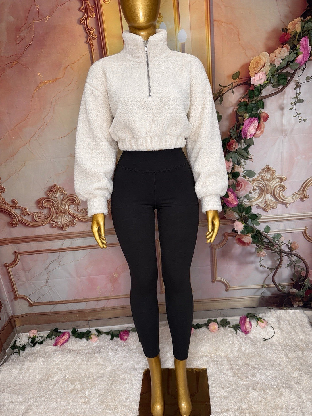 White Teddy Fleece Cropped Half-Zip Pullover – Cozy Chic Sweater(XL)