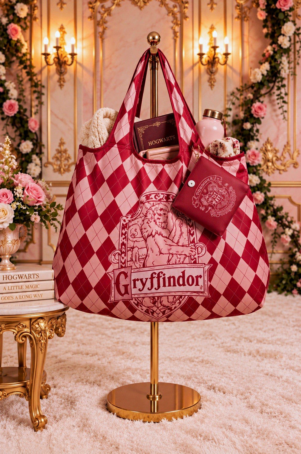 Harry Potter Gryffindor Argyle Foldable Tote Bag with Matching Pouch – Burgundy
