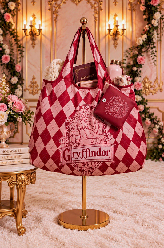 Harry Potter Gryffindor Argyle Foldable Tote Bag with Matching Pouch – Burgundy