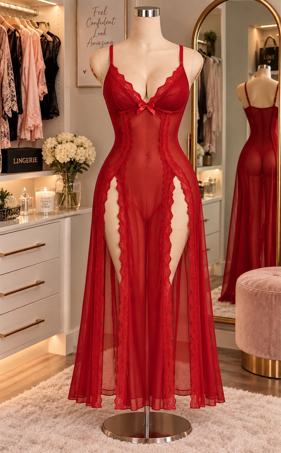 Red Sheer Lace Maxi Lingerie Nightgown – High Slit Babydoll Sleepwear