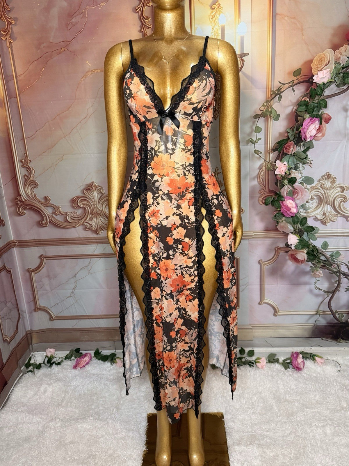 Midnight Bloom Black & Peach Floral Lace Double-Slit Gown