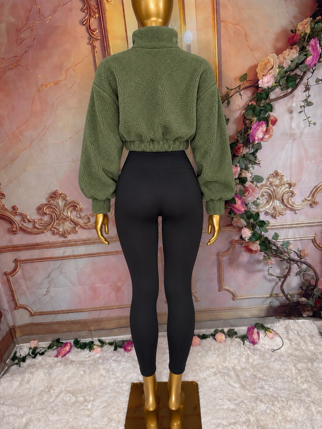 (XL) Comfy Army Green Teddy Fleece Cropped Half-Zip Pullover – Cozy Chic
