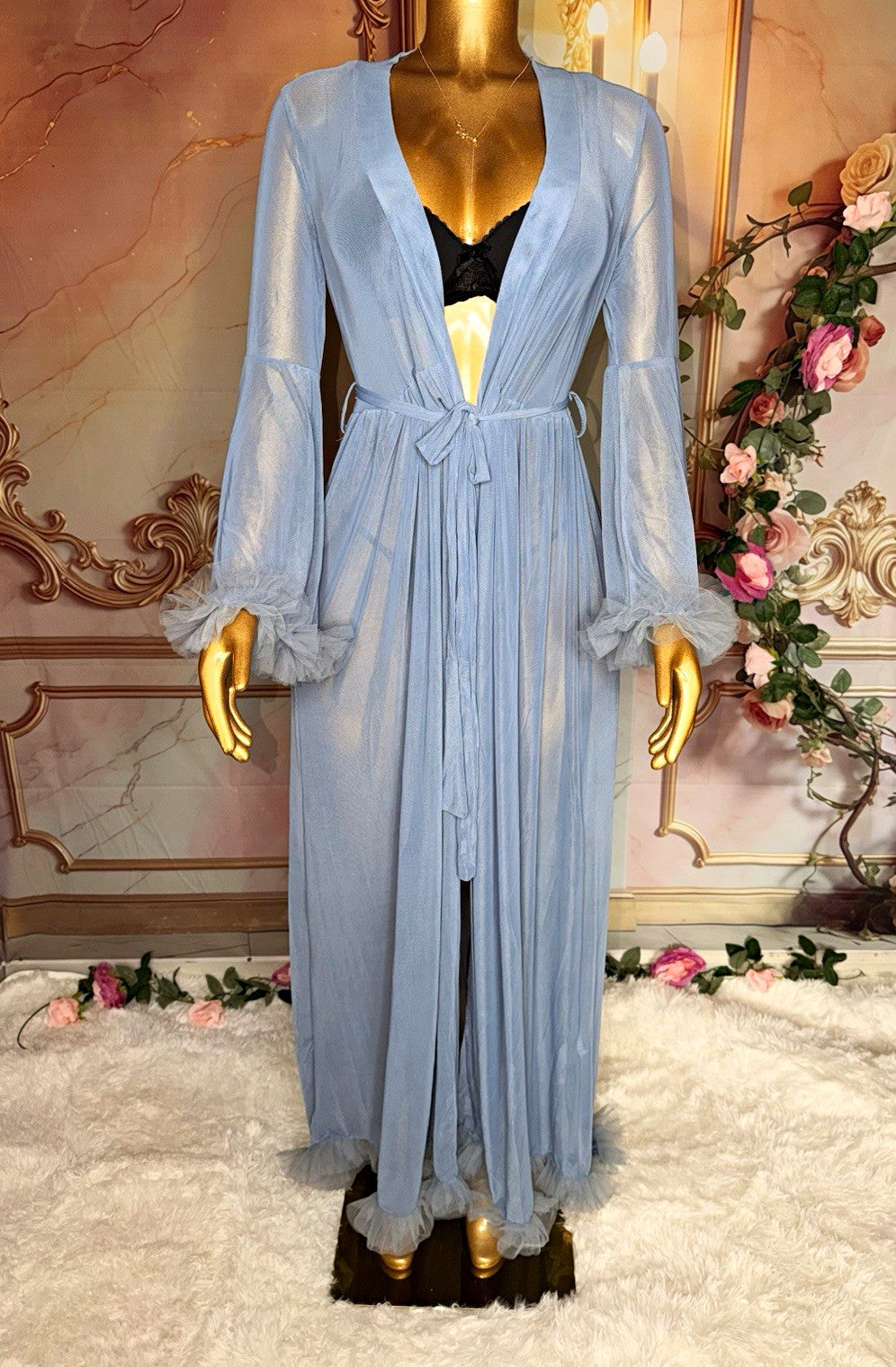 Women’s Blue Sheer Chiffon Kimono Robe V-Neck Tie Waist Ruffle Trim M