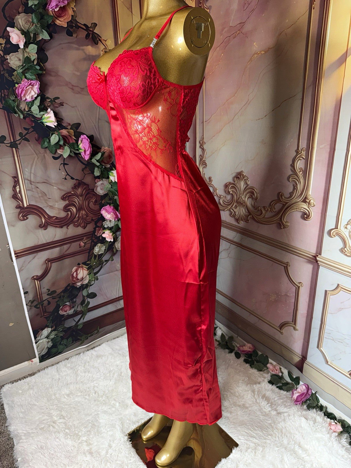 Romantic Red Satin Gown & Lace Robe Lingerie Set – Size M