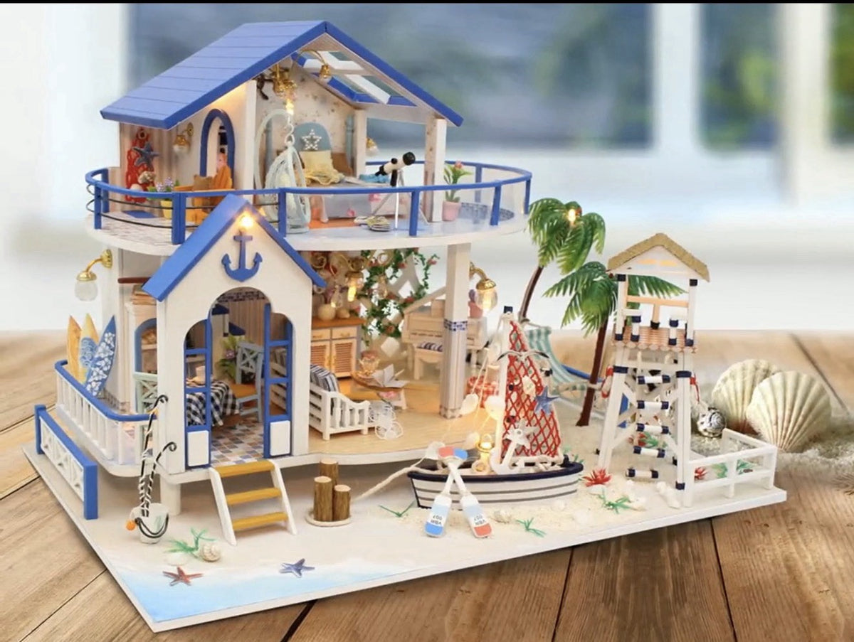Summer By The Sea DIY Miniature Beach House Kit 1:24 Lighted Dollhouse