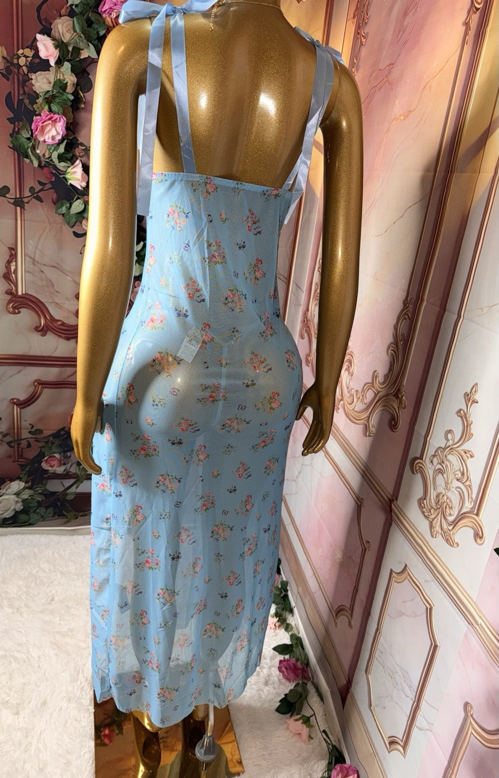 Blue Belle Floral Sheer Lace Gown & Matching Underwear Set