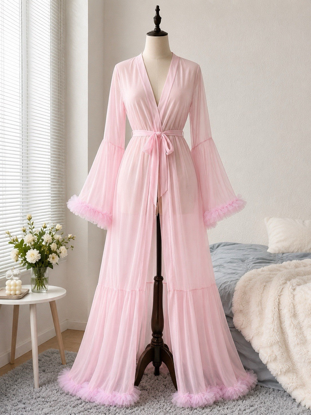 Blush Pink Crystal Ruffle Trim Maxi Robe – Bell Sleeve Bridal Loungewear