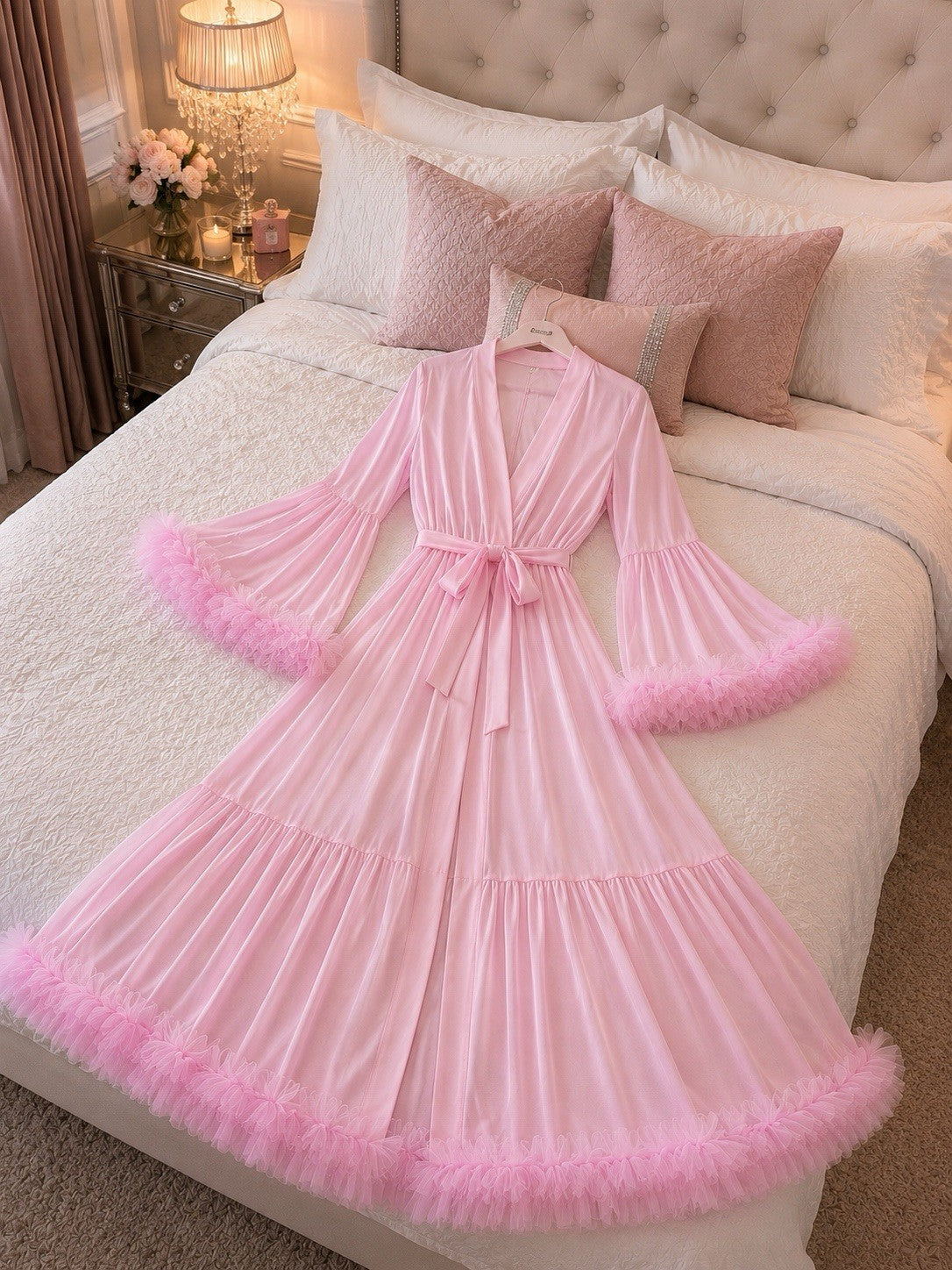 Blush Pink Crystal Ruffle Trim Maxi Robe – Bell Sleeve Bridal Loungewear