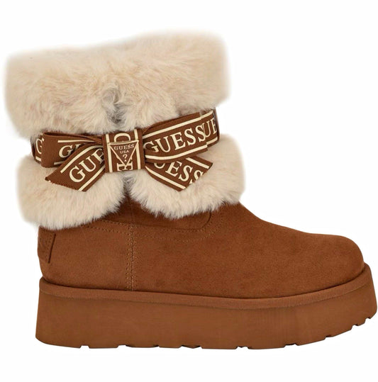 GUESS Denla Brown Platform Boots 🤎 Cream Faux Fur & Logo Bows – Size 8