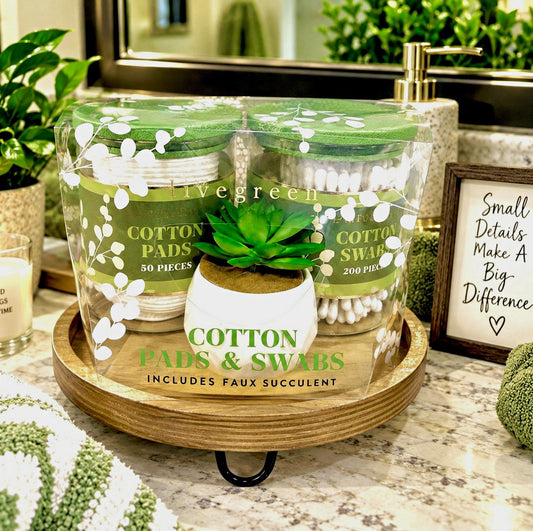 Evergreen Cotton Pads & Swabs Accessory Set 50 Pads 200 Swabs Faux Succulent