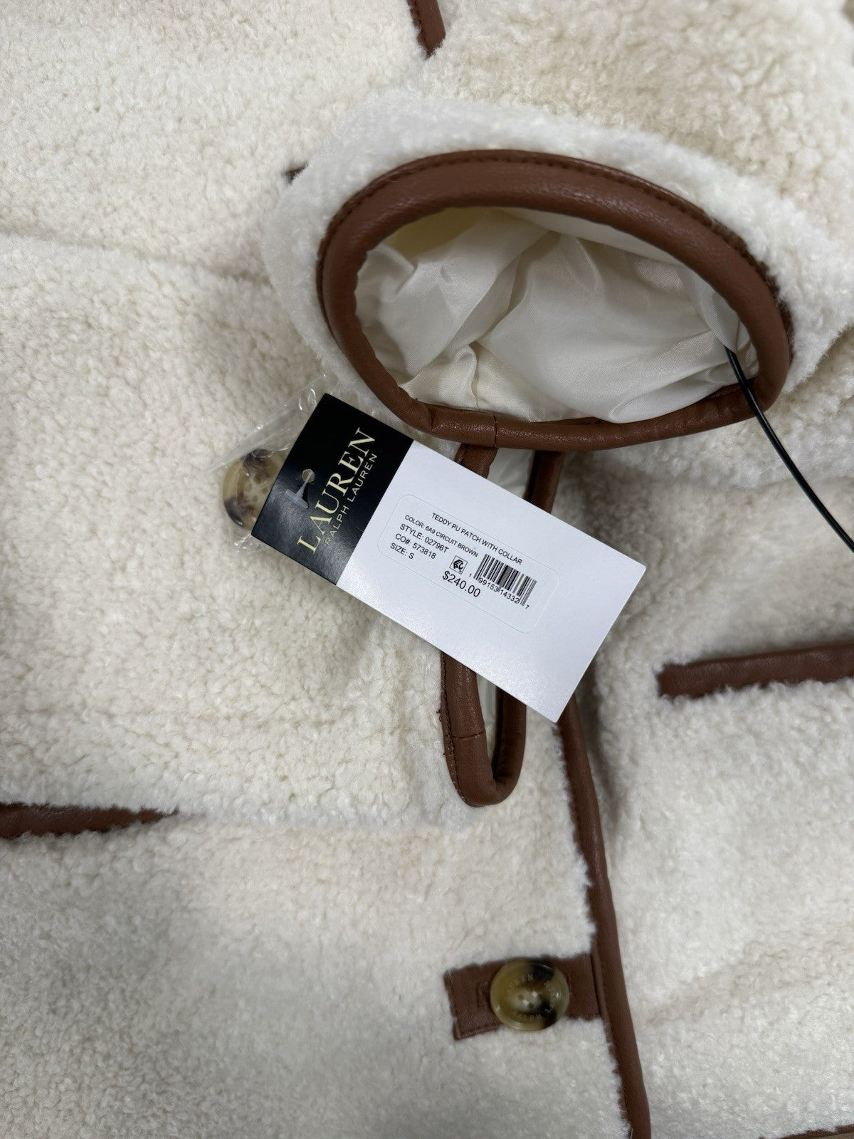 Lauren Ralph Lauren Teddy Jacket W/Pockets White/Brown size S,M,L, or XL