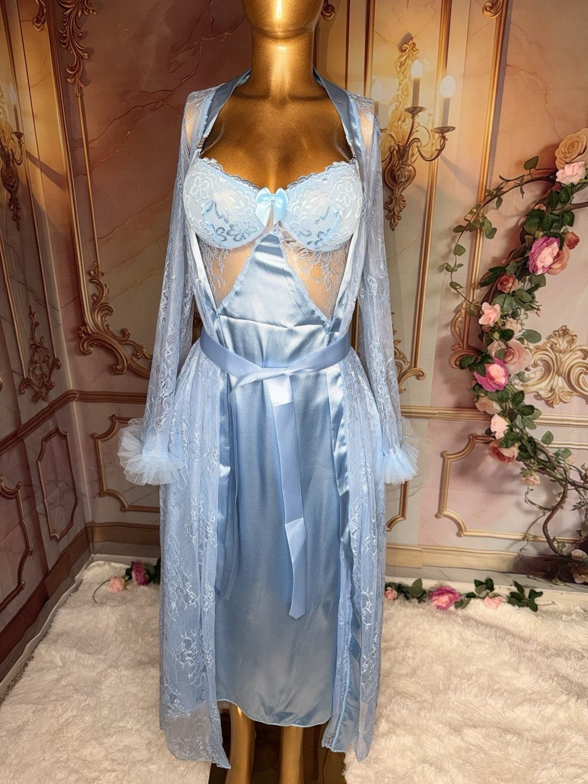 Romantic Baby Blue Satin Gown & Lace Robe Lingerie Set – Size M