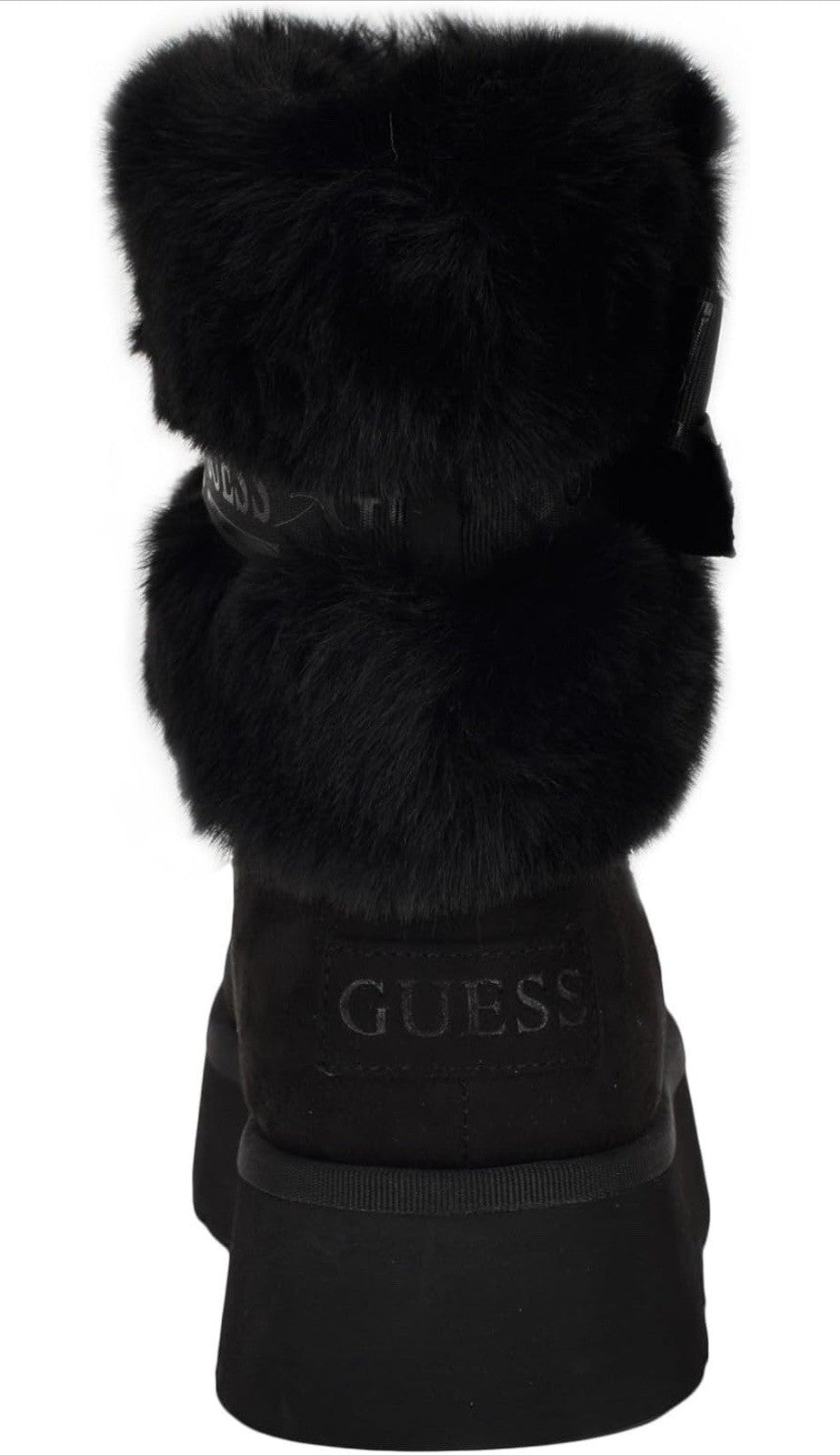 GUESS Black Ankle Bootie Faux Fur Trim Logo Bow Platform Round Toe Sz 8