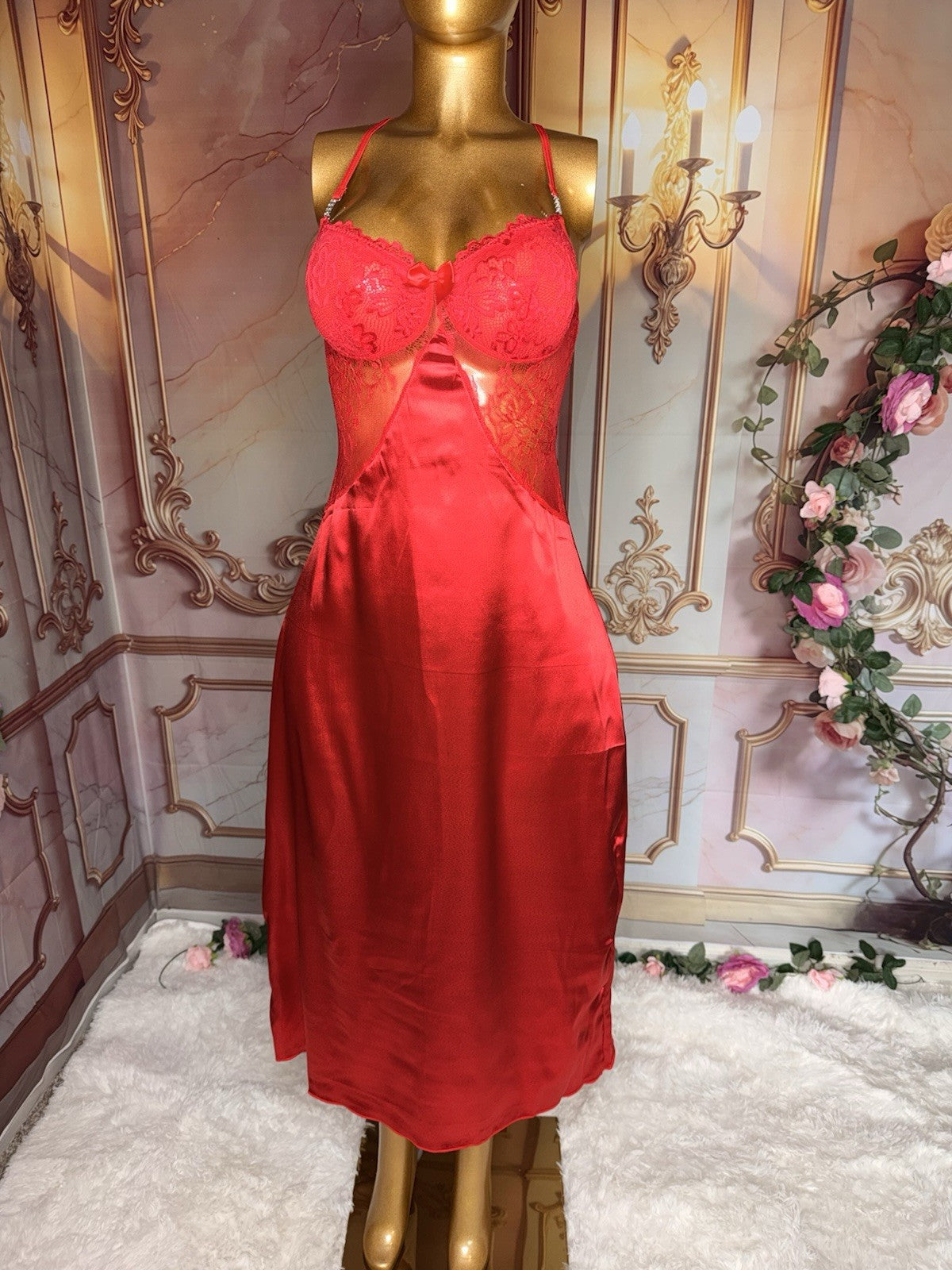 Romantic Red Satin Gown & Lace Robe Lingerie Set – Size M
