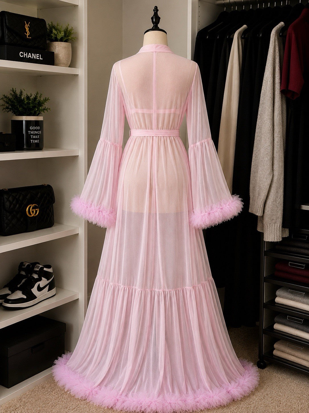 Blush Pink Crystal Ruffle Trim Maxi Robe – Bell Sleeve Bridal Loungewear