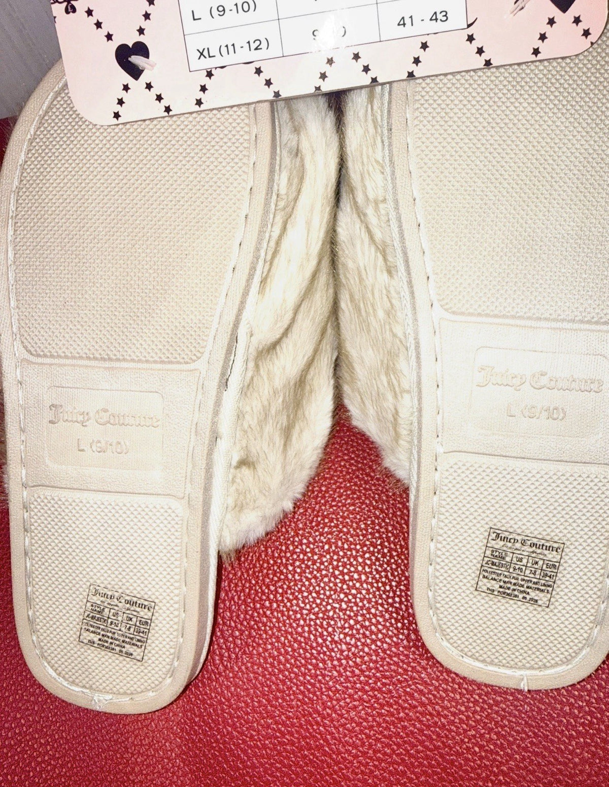 Juicy Couture Cream Faux Fur Bow Slippers w/ Gold Heart Charms– Women’s L 9/10