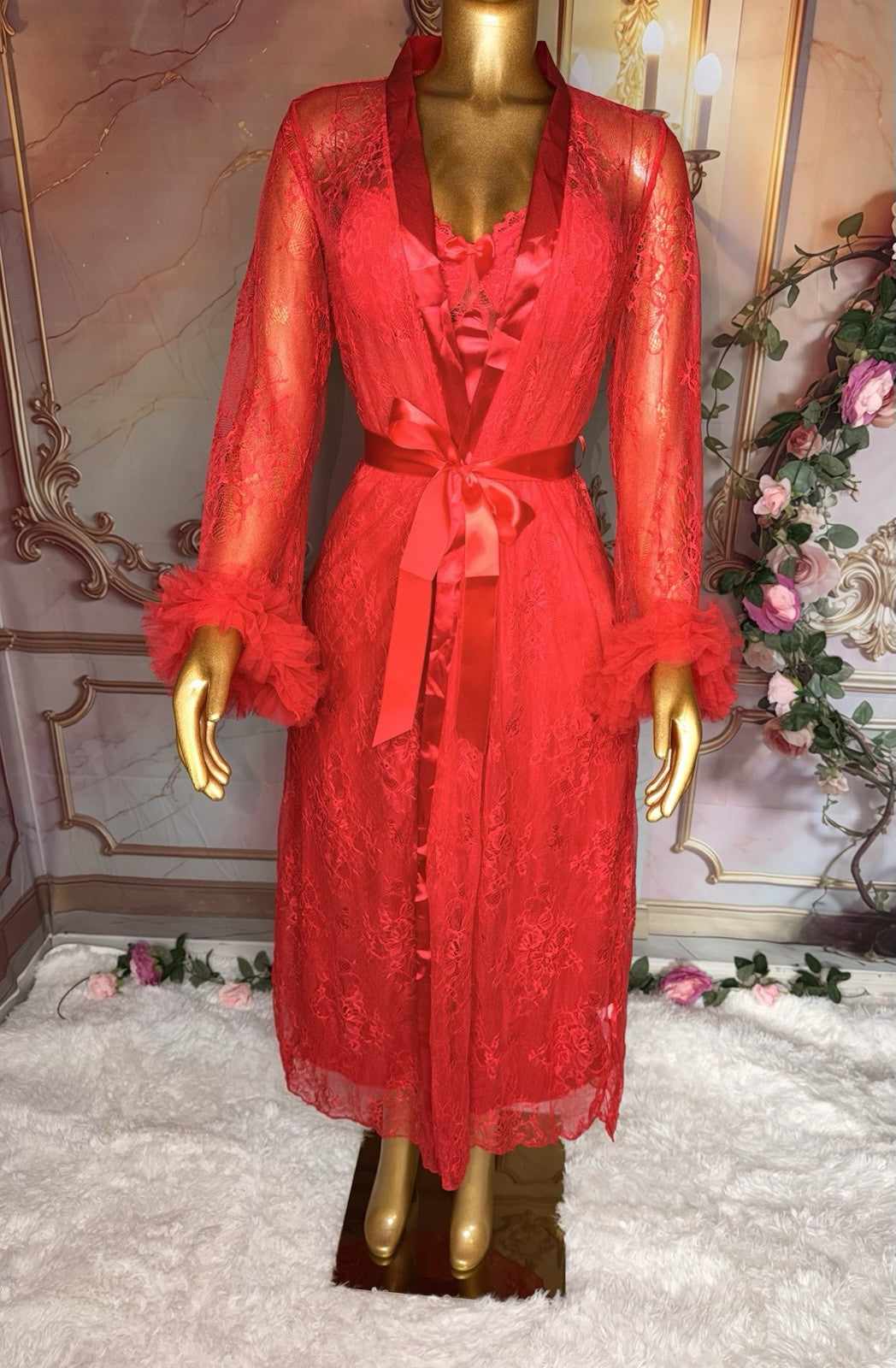 Romantic Red Satin Gown & Lace Robe Lingerie Set – Size M