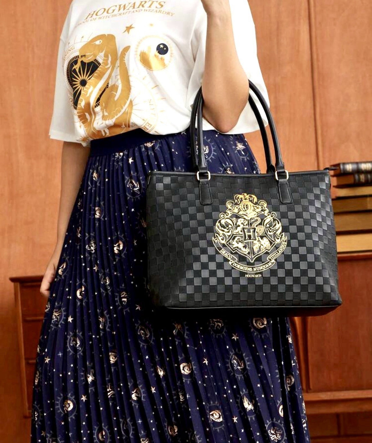 Hogwarts Harry Potter Black Checkered Tote Bag with Gold Crest & H Charm
