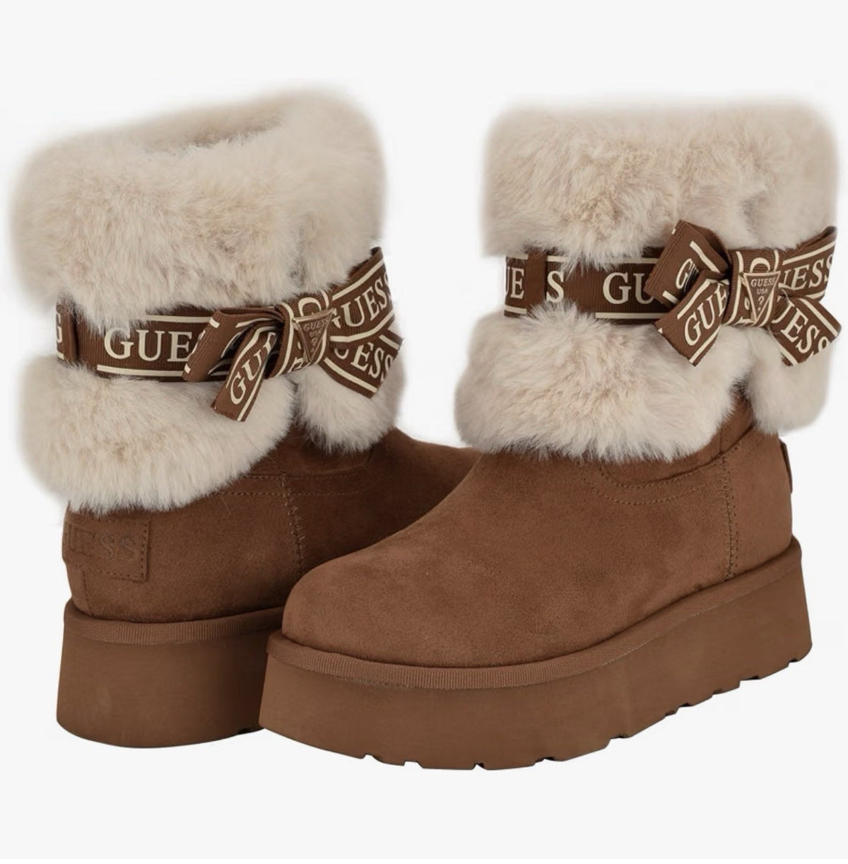 GUESS Denla Brown Platform Boots 🤎 Cream Faux Fur & Logo Bows – Size 8