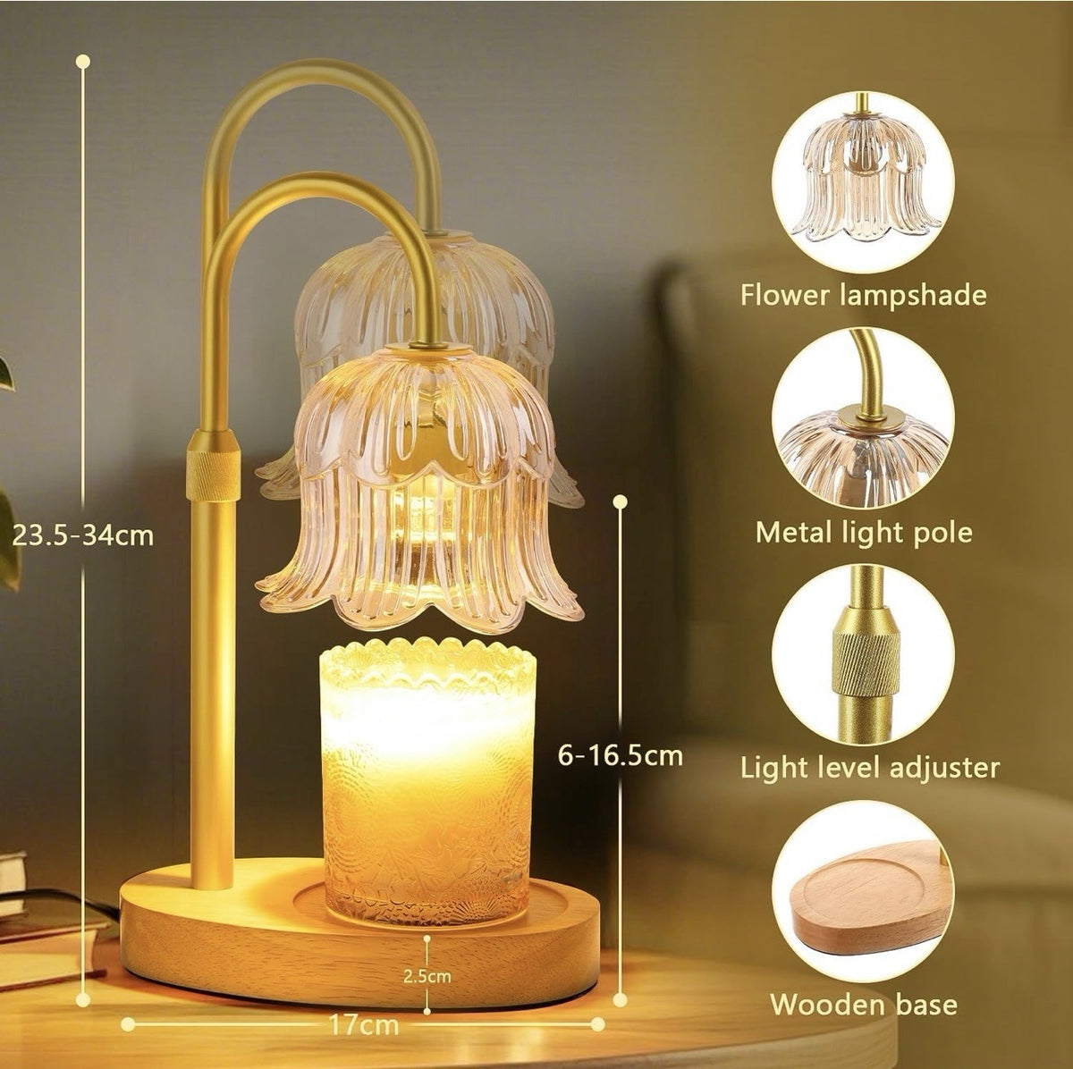 Elegant Gold Flower Candle Warmer Lamp with Dimmer & Timer
