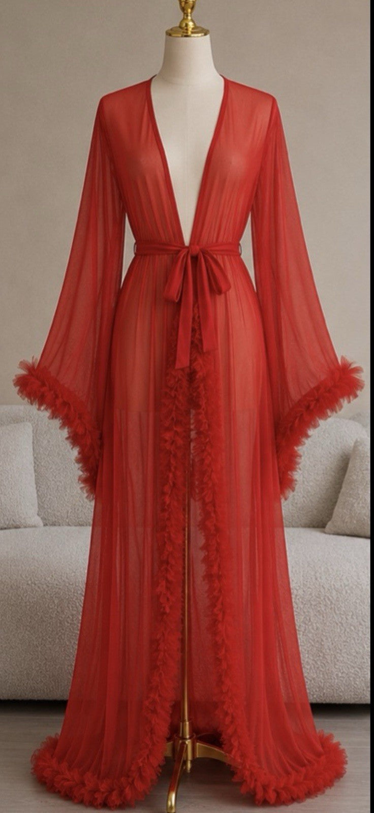 Women’s Red Sheer Mesh Feather Trim Tie Belt Kimono Robe Long Sleeve M