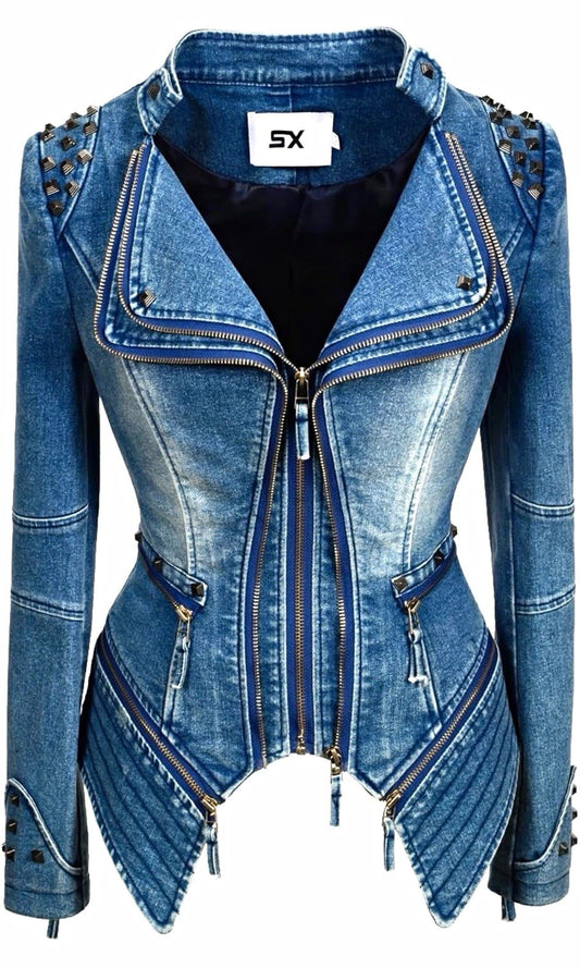 Women’s Studded Denim Moto Jacket – Fitted Double-Zip Y2K Biker Jacket
