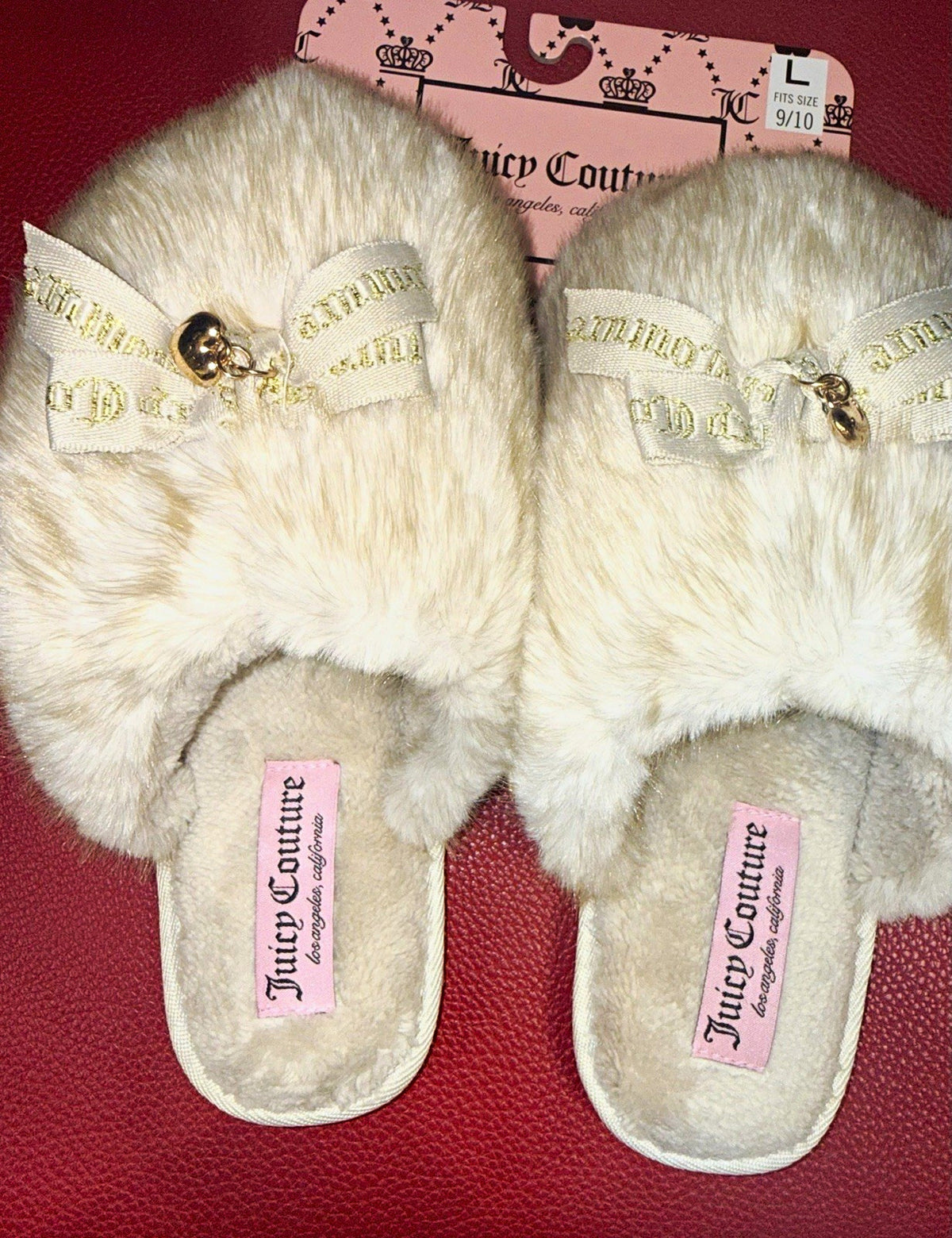 Juicy Couture Cream Faux Fur Bow Slippers w/ Gold Heart Charms– Women’s L 9/10