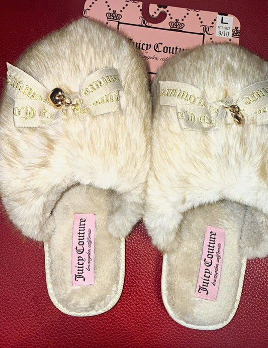 Juicy Couture Cream Faux Fur Bow Slippers w/ Gold Heart Charms– Women’s L 9/10