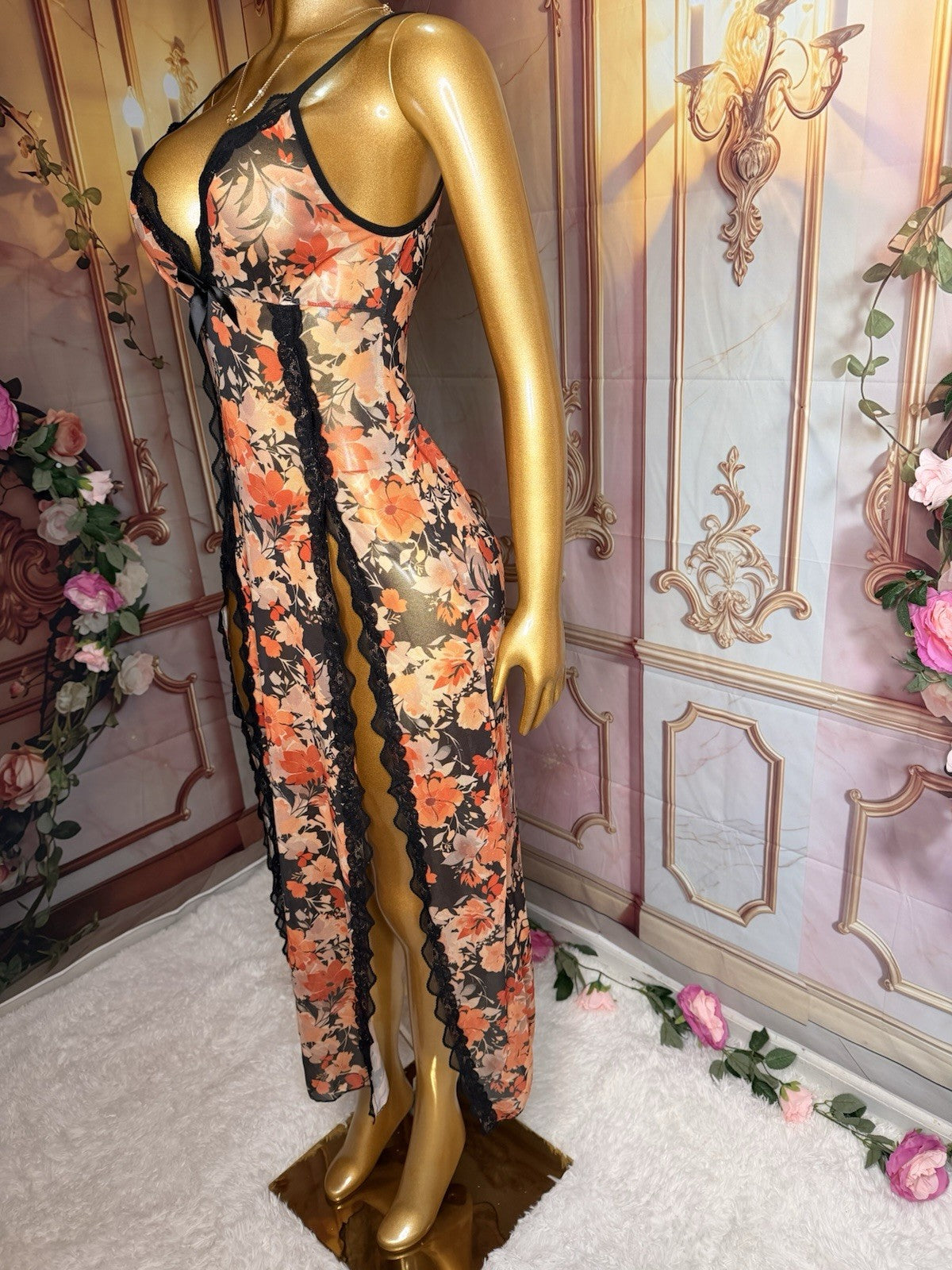 Midnight Bloom Black & Peach Floral Lace Double-Slit Gown
