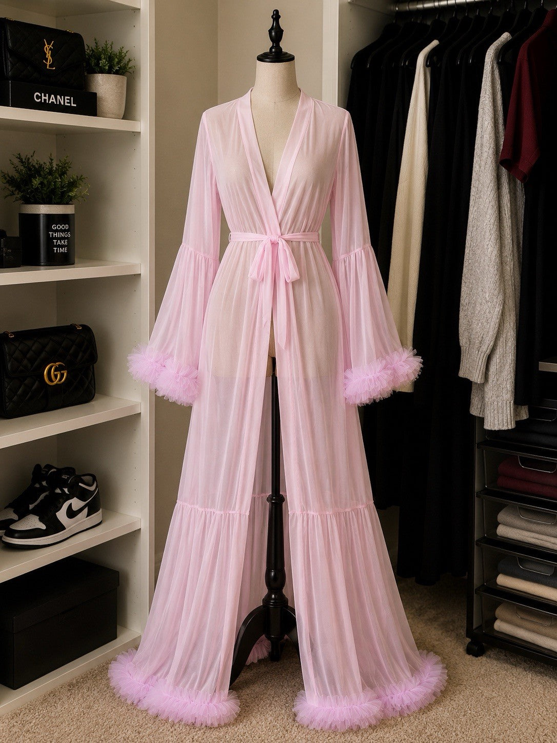 Blush Pink Crystal Ruffle Trim Maxi Robe – Bell Sleeve Bridal Loungewear