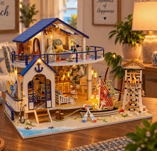 Summer By The Sea DIY Miniature Beach House Kit 1:24 Lighted Dollhouse