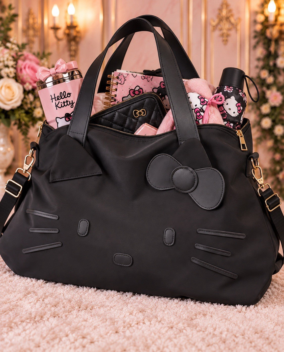 Hello Kitty Black Oversized Weekender Tote Bag – Large Travel Shoulder Bag