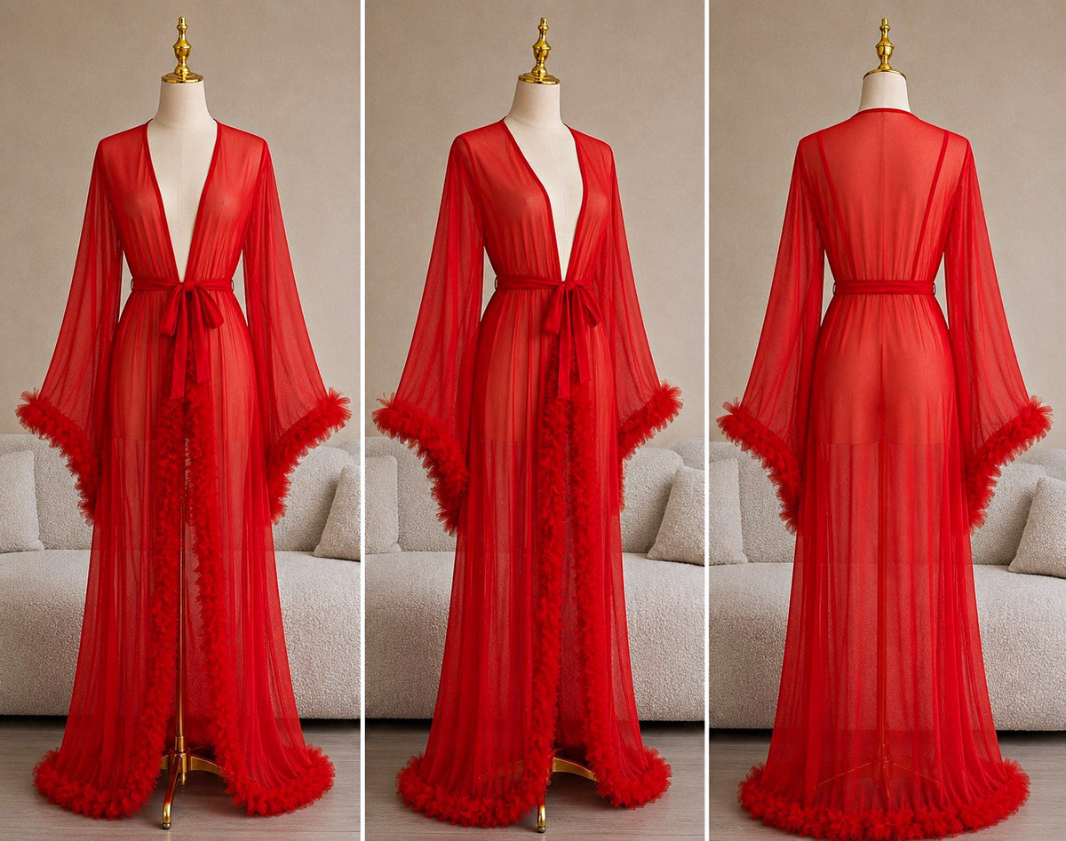 Women’s Red Sheer Mesh Feather Trim Tie Belt Kimono Robe Long Sleeve M
