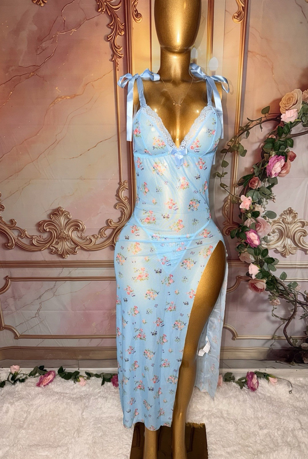 Blue Belle Floral Sheer Lace Gown & Matching Underwear Set