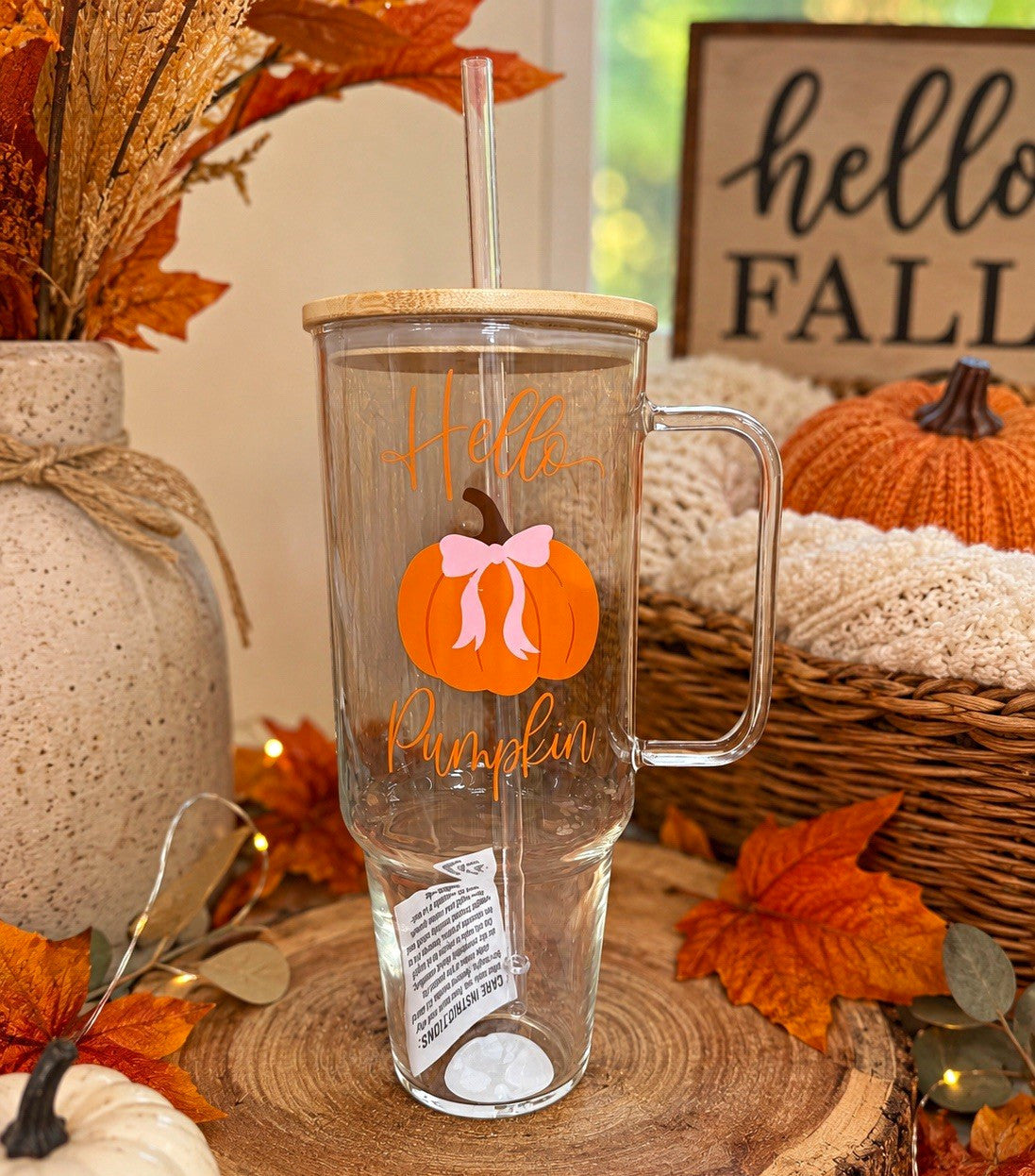 NEW 47oz Hello Pumpkin Fall Tumbler Cup w/ Handle, Lid & Straw 🎃🩷