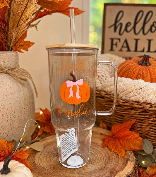 NEW 47oz Hello Pumpkin Fall Tumbler Cup w/ Handle, Lid & Straw 🎃🩷